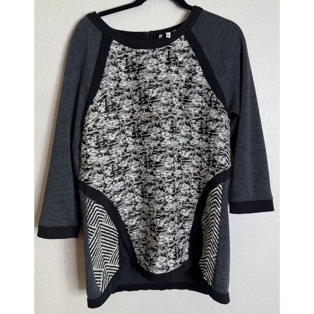 Harlyn Womens Large Tunic Top Grey Black White Mixed Media Tweed Chevron Preppy